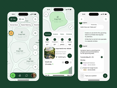 AgroAI – Smart Farm Management agroai agrotech ai ai assistant analytics app application artificial intelligence chat farming interface map mobile mobile app product design smartagriculture ui design uiux ux design