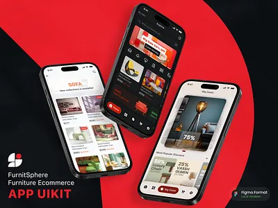 Furniture E-commerce App UI Kit app clean dark mode design design system dribbble ecommerce app figma fully customizable furniture light mode local variable modern style premium ui uikit uiux user interface uxui