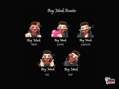 Boy Mask Twitch Emotes boy cartoon design designgraphic emoji emote emotes gg illustration laugh love man mask raid rip sticker streamers twitch twitchemote twitchemotes