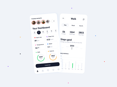 Health Tracker Mobile App activity activity app activity tracker calories clean ui dashboard health health app health monitor app healthcare medical monitoring dashboard product design pulse social networking statistic steps tracker tracker app ui