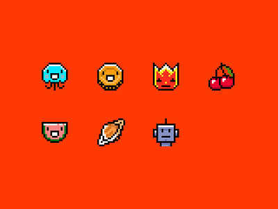 Pixel art faces cherry coin face fire flame head icon iconography icons iconset jellyfish pixelart planet robot saturn space ui ux watermelon web