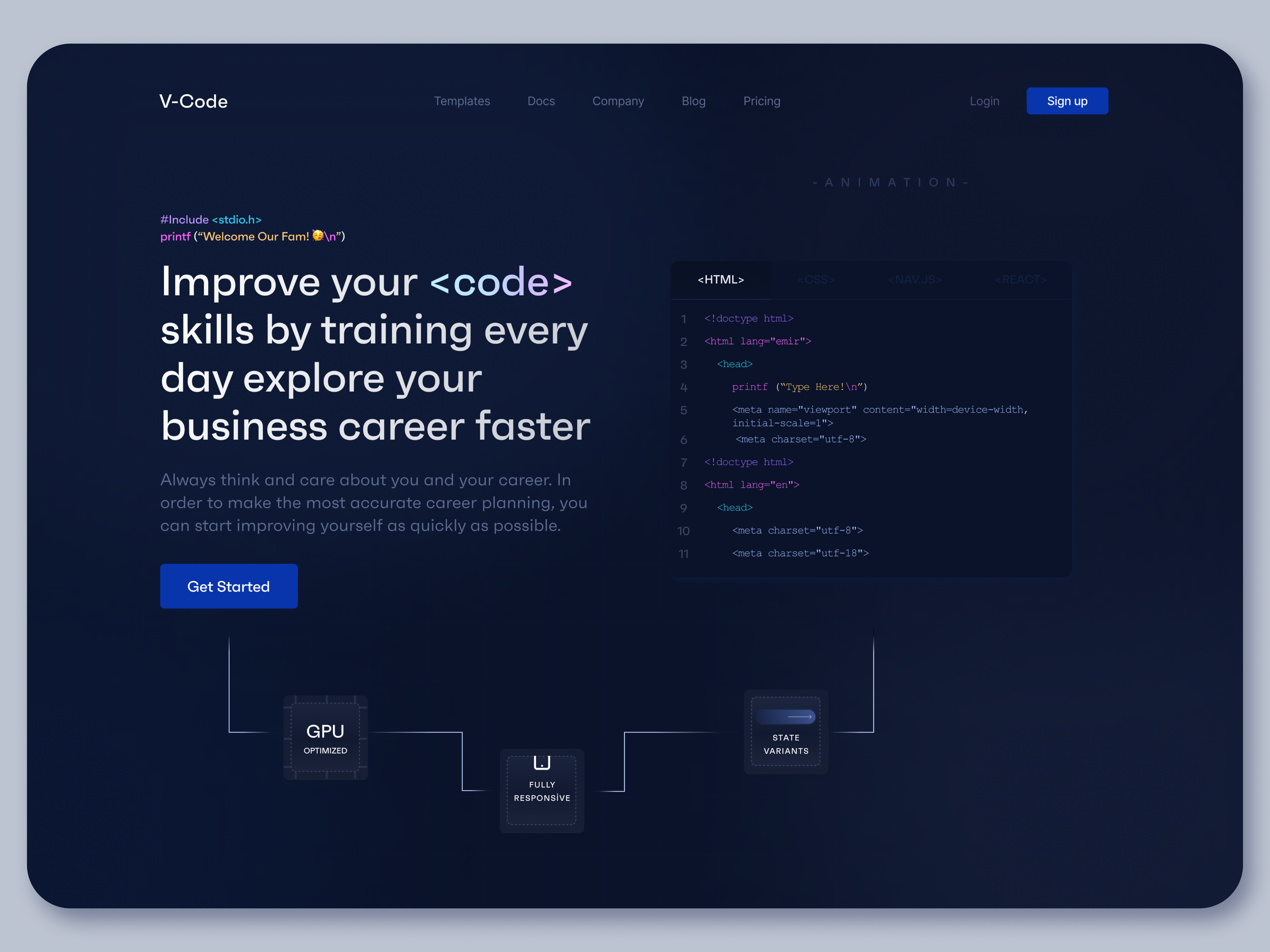 V-Code Landing Page animation code design html landing page logo product design ui user interface ux web design website