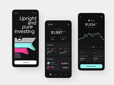 Crypto portfolio tracker: Mobile app, visual identity app blockchain solution branding dapps decentralized finance defi defi mobile identity interface smart contracts ui visual identity wallet app