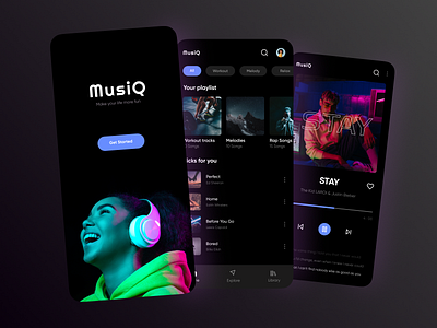 MusiQ - Music Streaming Platform dark mode dark ui latest ui listen minimal mobile app mobile app 2022 music music player music stream new mobile app night mode podcast podcasting streaming