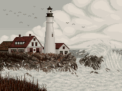 Morning Mist 16bit art enviroment environment game art game design grey illustration landscape lighthouse mist pixel art pixel lighthouse pixel sea pixelart rocks sea splash storm water