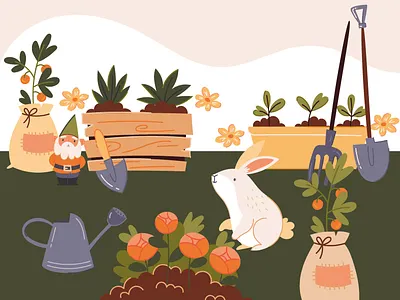 Gardening afternoon bunny character farm flat freepik garden illustration rabbit spring vector