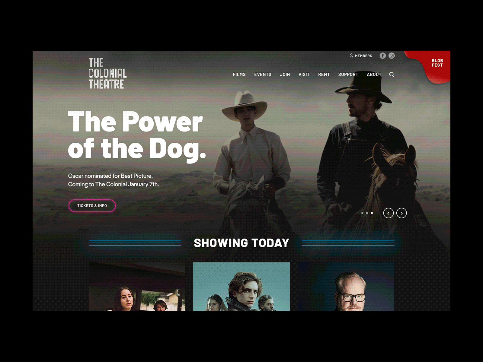 Colonial Theatre site redesign black blobfest branding community dark dark mode design event calendar film live events live music live performance membership movies neon neon light theater ui ux web design