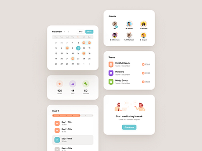 Mindy - Cards & Components app banner blocks calendar cards clean components dashboard design system elements illustration kpi level page progress styleguide tracker ui ux widelab