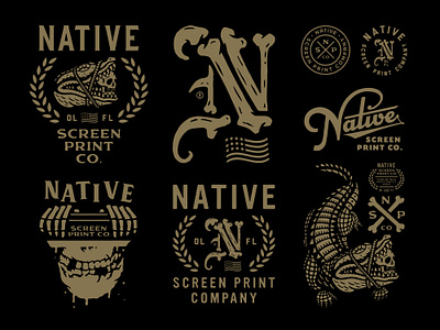 Native Screen Print Co. badge baseball logo brand identity branding emblem gator growcase illustration logo logo design logotype misfits native screen print company orlando florida screenprinting script skull skulls typography wreath