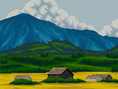 Canola Fields 16bit alberta canada canola enviroment farm fields game art game design illustration landscape mountains nature pixel art pixel nature pixelart sky summer sunny