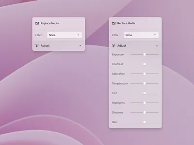 Create.Video | Video Adjust Menu ⏤ Light & Dark Mode adjust background blur chrome dark mode design design tool dropdown edit effect filter glass glassmorphism light mode menu sidebar trend ui user experience ux video editor