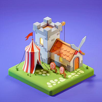 Training grounds - 3D illustration 3d 3d art blender blue castle cold design game home illustration isometric art low poly purple red sword tent