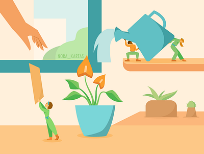 Flower care adobe illustrator art blue care character design flower friendly graphic design green hand illustration orange people plant shop studio vector website