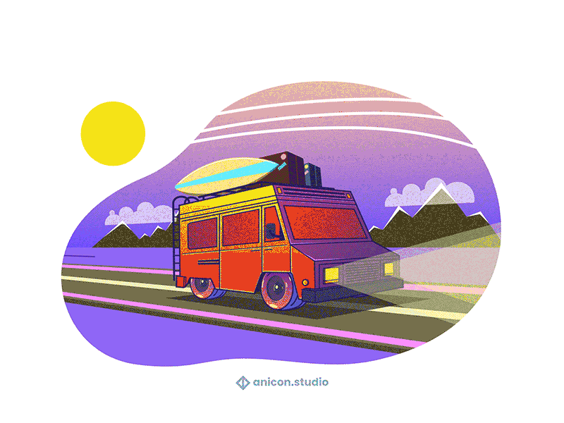 Wooo Hoooooo! adventure anicon animation camping caravan freedom graphic design icon illustration jolly journey json lottie motion graphics surfing tourist travel trip vacation van