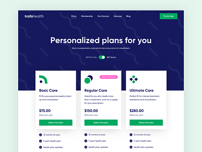 TrafoHealth - Pricing consultation doctor health healthcare landing page medical medicine minimal plans pricing ui web design website