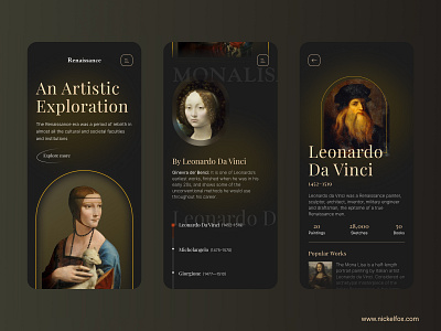 Renaissance Art - Mobile Responsive art artwork dark dark ui digital art historic homescreen landing page mobile app mobile app design mobile responsive mobile site mobile view monalisa museum premium renaissance responsive timeline user interface