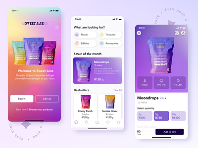 Sweet Jane E-Commerce App app branding cbd commerce daily ui design e commerce graphic design ios app marijuana packaging shopping shopping app thc ui user interface design ux weed