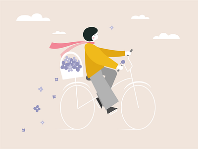 Girl on a bicycle with lilac basket, flat charachter personage 8 march flat charachter personage girl graphic design illustration minimal vector woman womens day