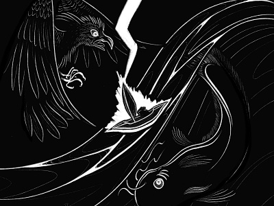 Tiny Boat album art battle bird black and white boat fish illustration ocean sea