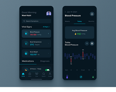 Virtual patient monitoring app dark activity blood oxygen blood pressure body measurements doctor app health app health track app heart rate mobile app design patient monitoring app product design symptoms app vital sign