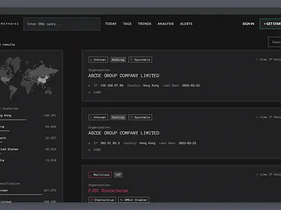 GreyNoise Search UI dark mode map search ui