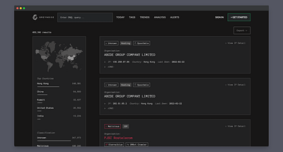 GreyNoise Search UI dark mode map search ui