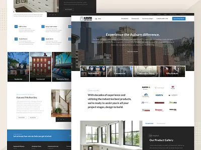 Auburn Corporation :: Homepage call to action commercial construction commercial products contractor experience gallery homepage iconography industrial interactive leed certified making a difference modern product gallery residential construction residential windows uiux web design whitespace windows