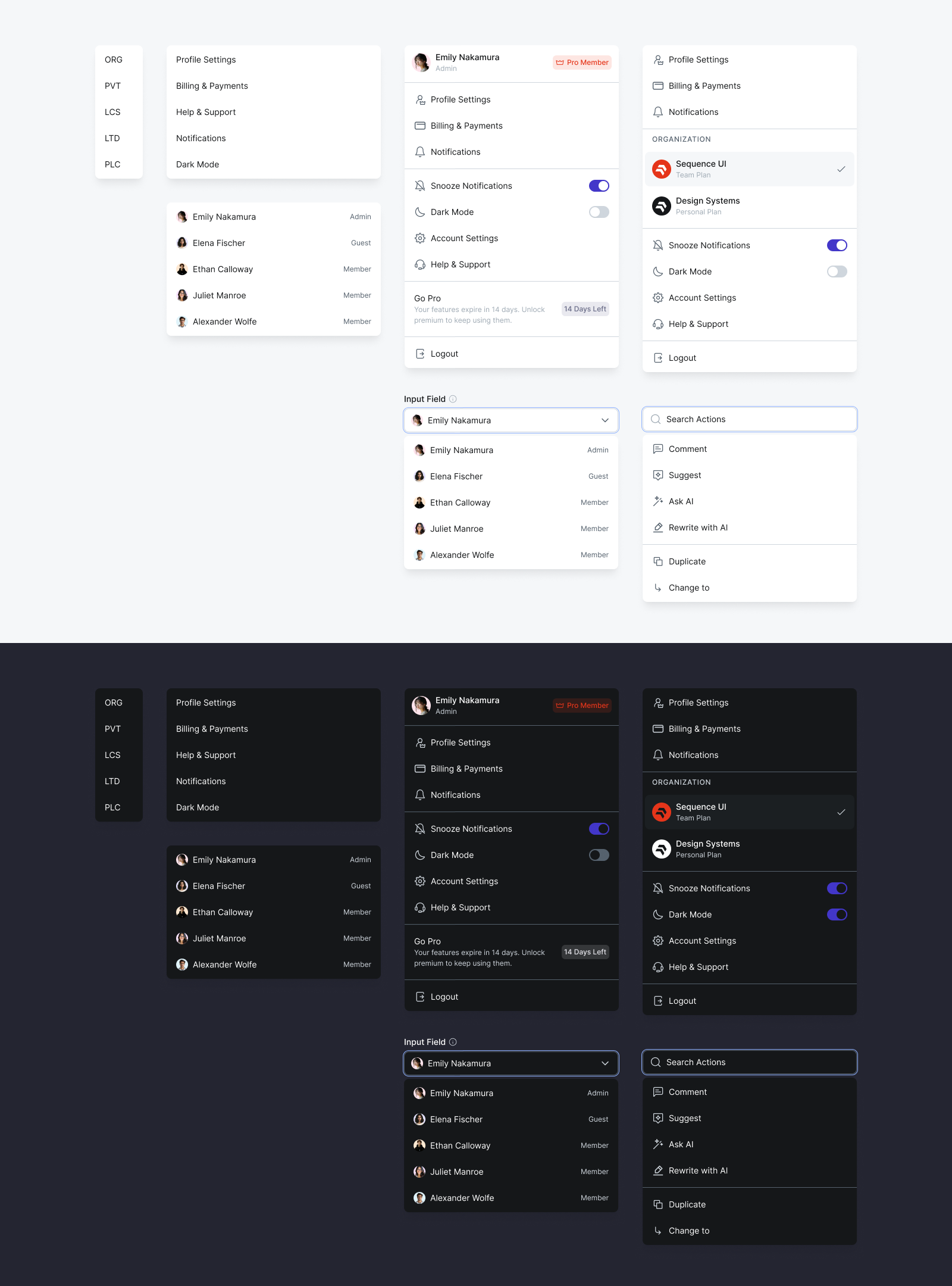 Dropdown examples app dark mode design design system dropdown dropdown menu dropdowns figma figma kit light mode sequence ui ui ui design uiux ux web