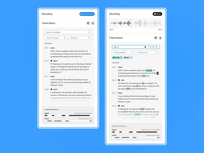 Call Transcription Panel audio b2b breakdown call chat conversation design flat flow mention mentions modern saas search stream transcript ui ux web words