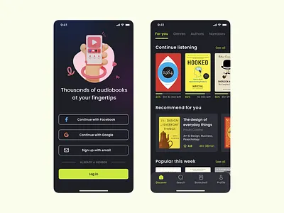 Audiobook Mobile App - Onboarding & Homescreen app app design appdesign audio audiobook book design e book listen media onboarding sign in sign up ui