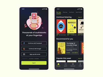 Audiobook Mobile App - Onboarding & Homescreen app app design appdesign audio audiobook book design e book listen media onboarding sign in sign up ui