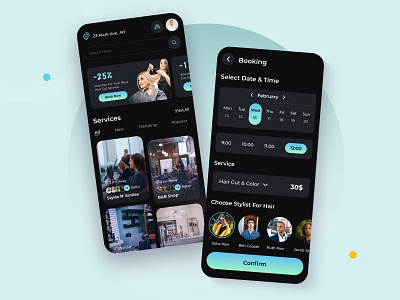 Salon Booking App app app design appointment beauty booking cards dark design gradient hair haircut hairstyle makeup mobile nightmode salon salon app salon booking services ui