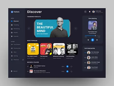 Podnets - Dashboard Podcast - Desktop app darkmode dashboard dekstop design interface music platform play podcast product streaming uidesign uiux userinterface website