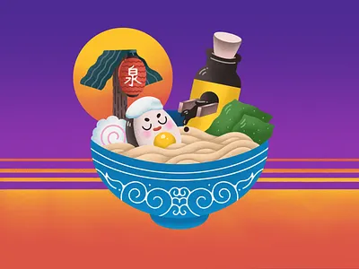 Ramen Onsen cartoon cute cute design flat illustration food grain graphic design icon illustration japanese logo minimal noise noodle procreate ramen retro texture vaporwave vector