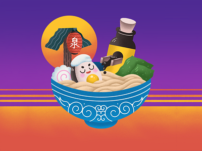 Ramen Onsen cartoon cute cute design flat illustration food grain graphic design icon illustration japanese logo minimal noise noodle procreate ramen retro texture vaporwave vector