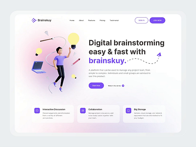 Brainskuy - SaaS Hero Landing Page 3d 3d illustration animation brainstorming collaboration creative design gradient hero hero section illustration motion saas saas hero saas product task management ui ui design ux web design website design