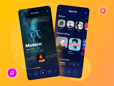 Music App Mobile App android app design app design clean ui dark dark theme design gradient yellow modern ui music app music mobile ap design music ui ux yellow