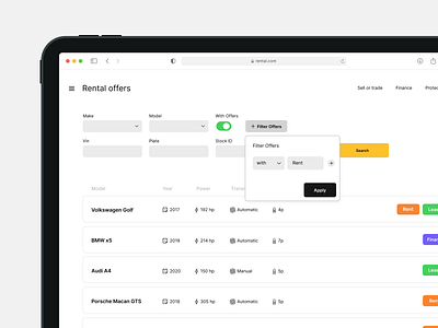 Rental offers filter app brand car component design filter filter behavior filter component grid ipad offer rent site table type ui ux vehicle web