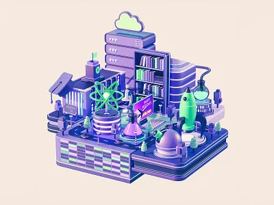 Science District 3d atom cinema 4d city cloud cyberpunk education future futuristic illustration octane rocket science server skyscrapers university urban