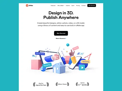 uMake Website Home Page Design 3d 3d animation 3d art animation branding design design tool graphic design hero image hero section home page illustration interface logo motion graphics ui ux web animation web design website