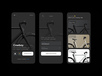 Cowboy : Electric Bike App Concept Design app bikes branding cards concept cowboy dark design electric graphic design home login logo minimal mode page signup typography ui ux