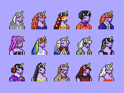 Pixelated unicorn avatars 🦄 2d 90s avatars figma illustration nft pixel pixelavatars unicorn web3