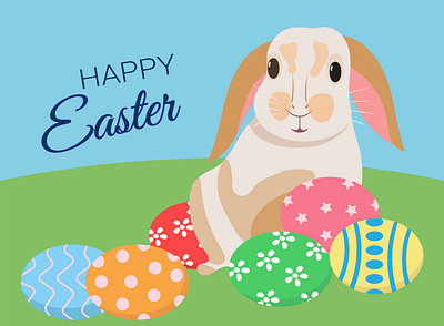 Easter greeting card with a rabbit. Vector illustration eggs fun