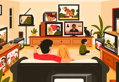 Too Many TVs character conceptual digital editorial family folioart illustration michael parkin technology tv