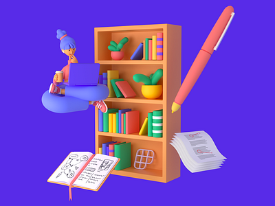 Writer 3d 3dart books bookshelf c4d character clean colorful creative design fun illustration notebook octane plants reading writer writing