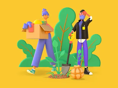 Volunteering 3d 3dart box c4d characters colorful donate fun giveback illustration octane outdoors plants polywork polyworking shovel volunteer volunteering