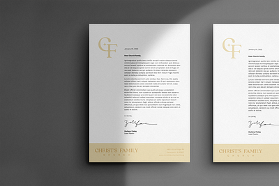 brand collateral: christ's family church apparel branding charcoal christian church church branding church design collateral design gold letterhead logo stationary t shirt design tee