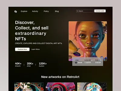 NFT Marketplace bitcoin creative design cryptocurrency dribbbledesign eyecatchingui figmadesign marketplace nft nftapp nftmarket nftmarketplace nftmarketplacewebsitedesign nftweb nftwebsiteui ui uidesign uiux webdesign website webui