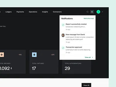 Formance - Notifications app clean dashboard design dropdown feed finance mark as read message notifications popup success message support tasks ui user interface ux