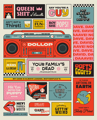 The Dollop Podcast Poster boombox cat dollop illustration podcast quotes typography